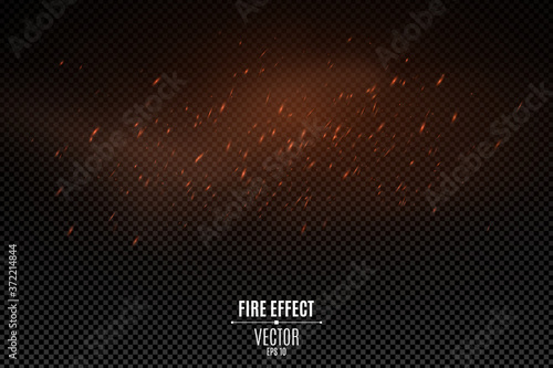 Fire cloud effect with particles on a transparent dark background. The flame sparkles and smoke. Vector illustration.
