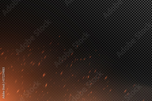 Fire effect with particles on a transparent dark background. The flame sparkles. Vector illustration.