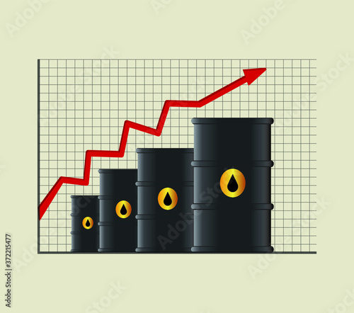 Oil industry concept. crude oil price hike concept, oil barrels, graph, vector illustration, Raising prices chart, global economy, finance, stock market, commodity
