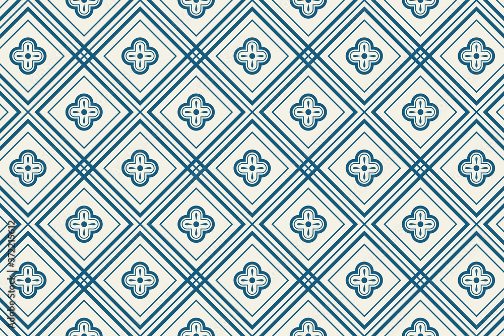 Seamless geometric pattern of blue flowers. Vector illustration.