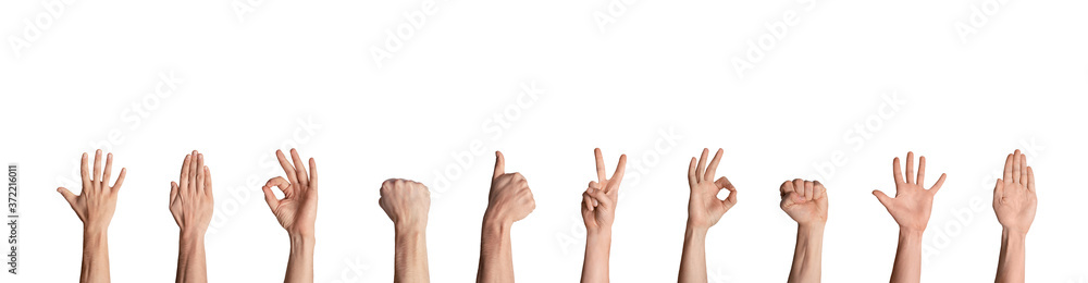 Sign language. Collage with male hands showing different gestures, isolated. Banner design Sign language. Collage with male hands showing different gestures, isolated. Banner design