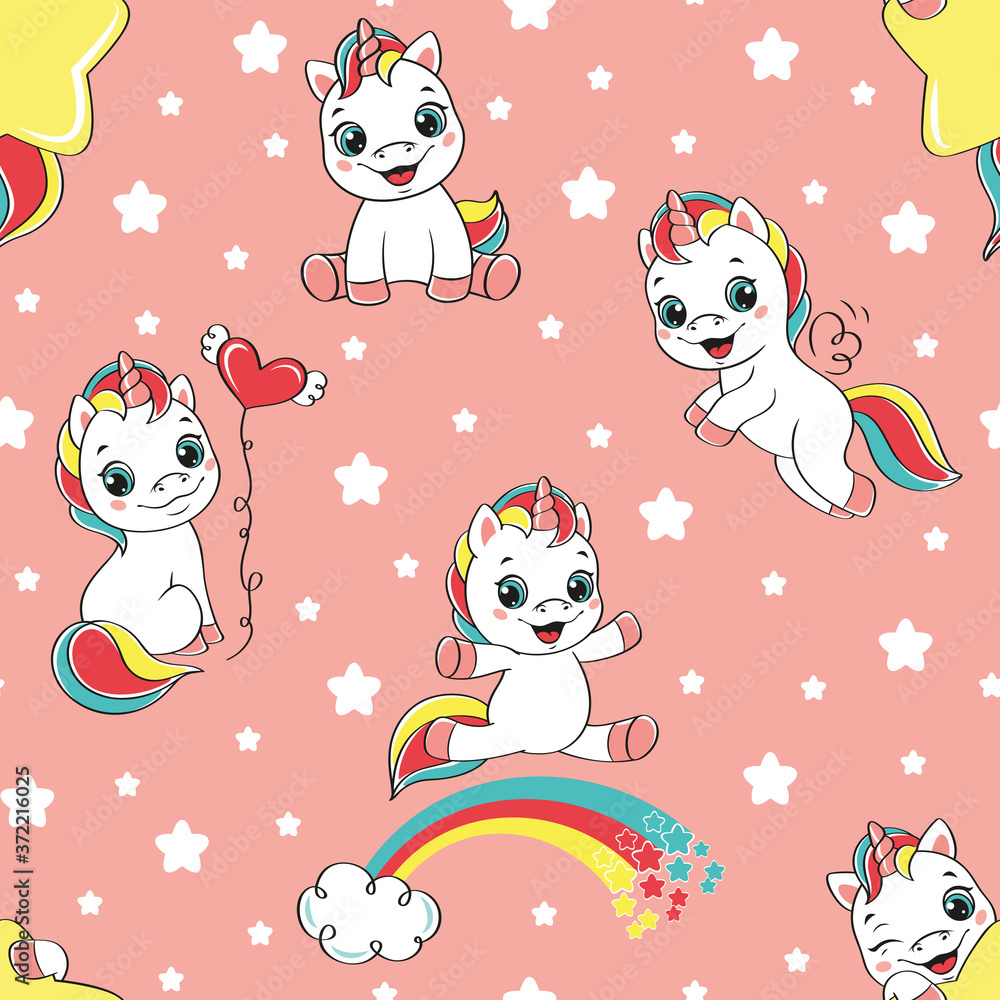 Baby seamless pattern. Seamless pattern with happy unicorns on pink background