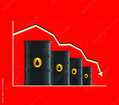 Oil price falling concept, Crude oil price down, barrels with  financial chart on red background. vector illustration