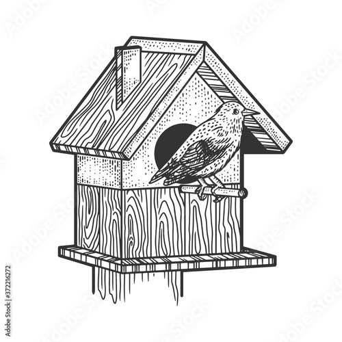 starling bird near the birdhouse sketch engraving vector illustration. T-shirt apparel print design. Scratch board imitation. Black and white hand drawn image.