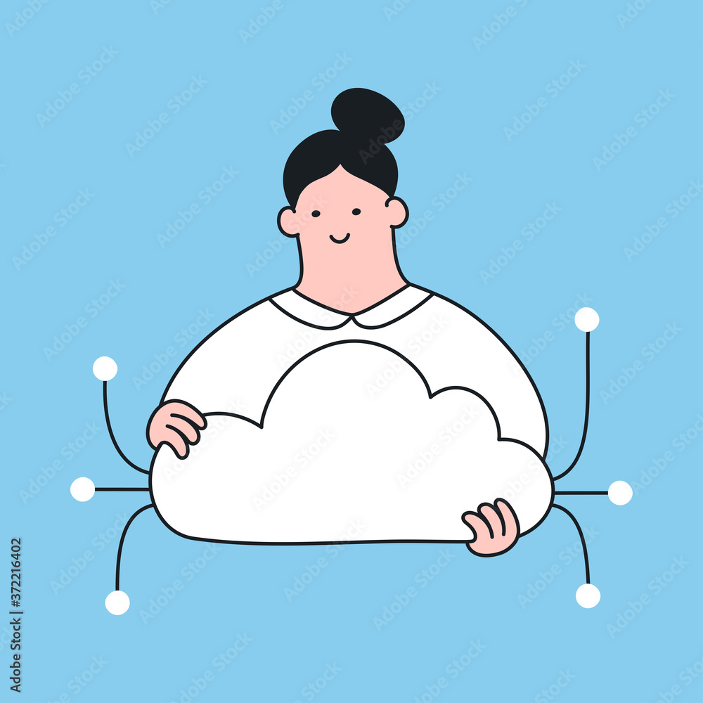 Cloud server, cloud storage and cloud computing solutions, a cute cheerful  woman holding a cloud in her hands. Flat line isolated cartoon vector  illustration on blue background Stock Vector | Adobe Stock
