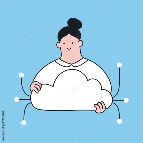 Cloud server, cloud storage and cloud computing solutions, a cute cheerful woman holding a cloud in her hands. Flat line isolated cartoon vector illustration on blue background