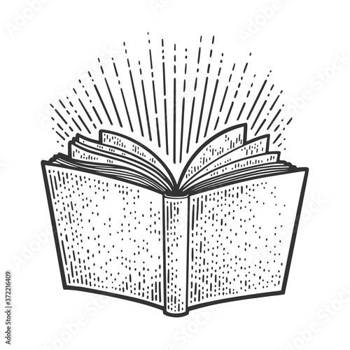 book and light rays sketch engraving vector illustration. T-shirt apparel print design. Scratch board imitation. Black and white hand drawn image.