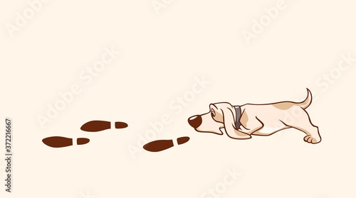 Dog walking in footsteps illustration. Hunting dog follows trail of criminal trained animal sniffs out recent human shoe prints an active search cartoon vector graphics.