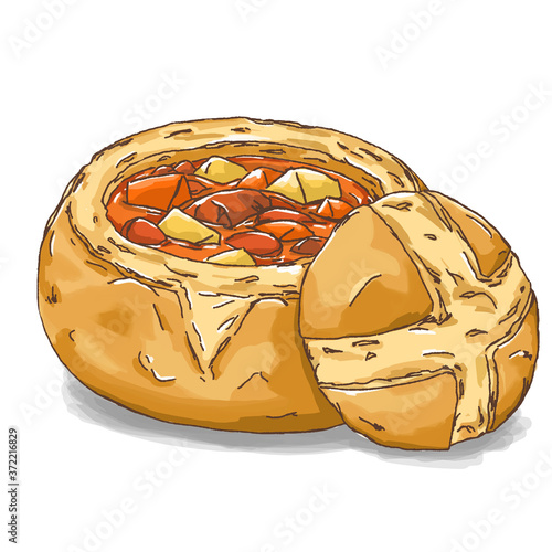 Illustration of bread soup, with  vegetable, meat