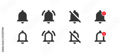 Bell notification icon set in flat style. Social media user interface. Mobile app UI web button. Subscribe vector symbol
