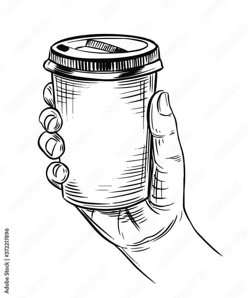 Paper cup in hand. Tea, coffee. Coffee to go. Hand drawn sketch. Vector ...