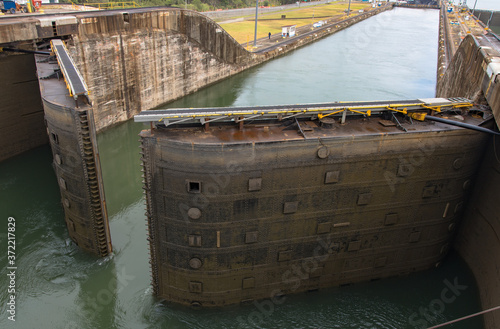 The closing lock gates of the Gatun Locks, Panama Canal, Panama
