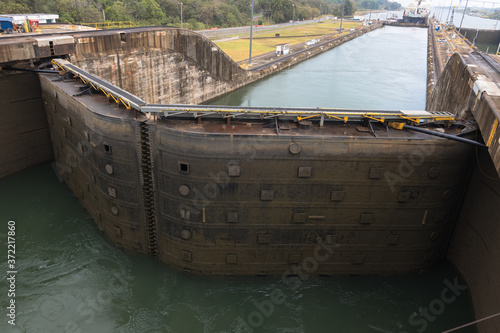 The closing lock gates of the Gatun Locks, Panama Canal, Panama