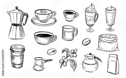 Stampa su tela Coffee set. Coffee drink. Doodle illustration. Vector