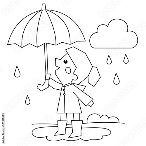 Coloring Page Outline Of a girl walking in the rain. Coloring book for kids
