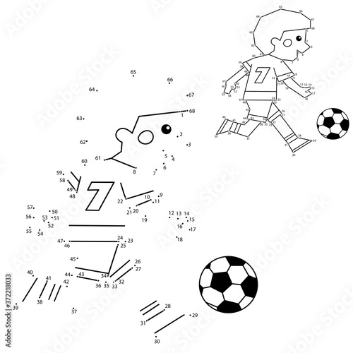 Numbers game for kids. Coloring Page Outline Of A Cartoon Boy with a soccer ball. Coloring book for children.