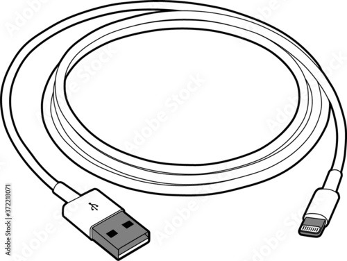 Professional vector illustration of a Lightning cable charger - Line Drawing, Black and White, technology