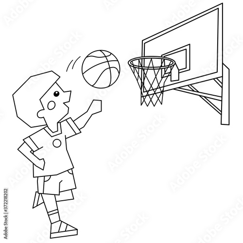 Coloring Page Outline Of a Cartoon Boy playing basketball. Coloring book for kids.