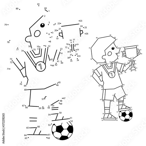 Numbers game for kids. Coloring Page Outline Of a Cartoon Boy with a soccer ball and a winner Cup. Coloring book for children.