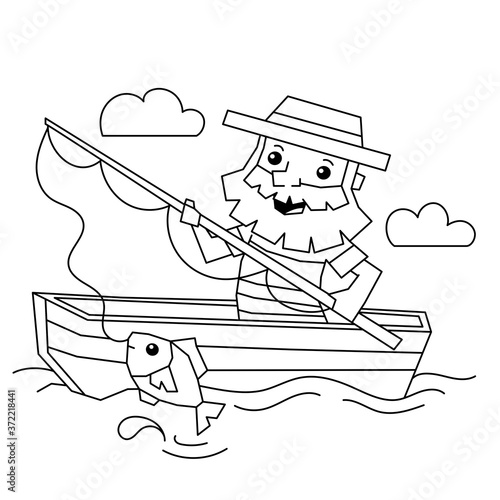Coloring Page Outline Of a fisherman with a fishing rod in boat. Coloring book for kids.