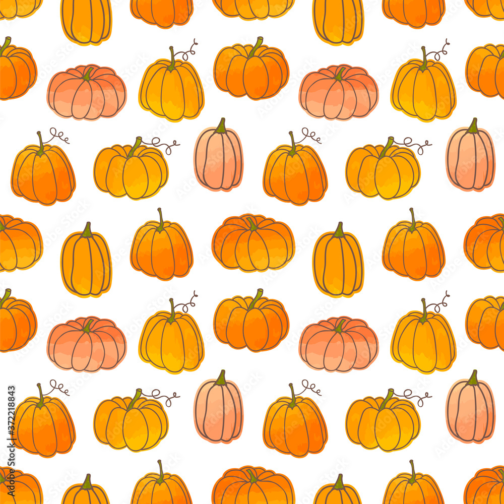 Vector background with pumpkins in watercolor effect. Seamless pattern with cute gourds.