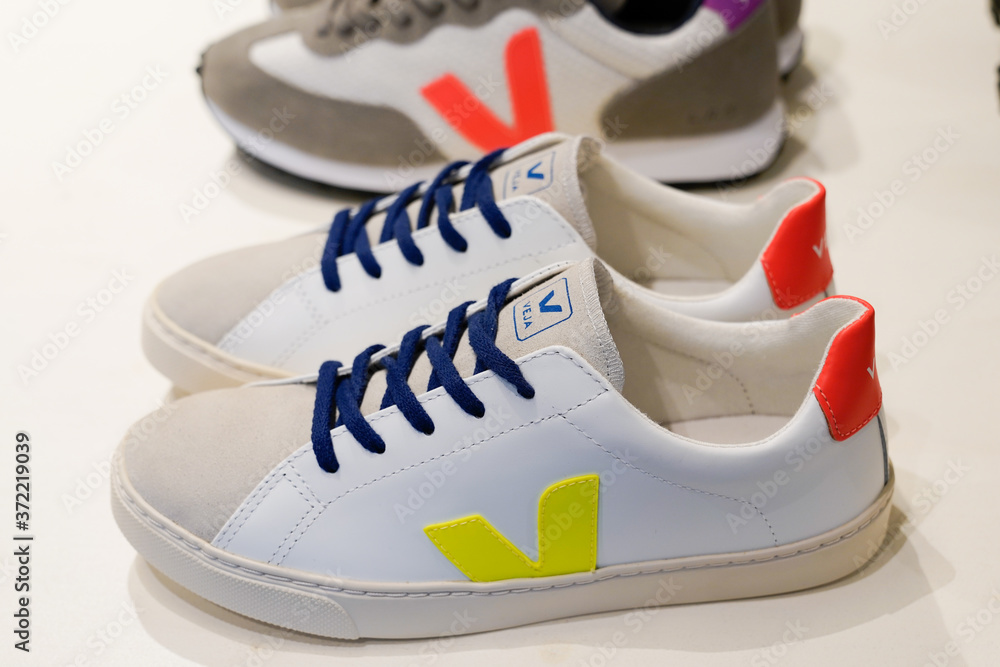 Veja sneaker in store of environmentally friendly made raw materials  sourced in organic farming ecological agriculture no chemicals polluting  process Stock Photo | Adobe Stock