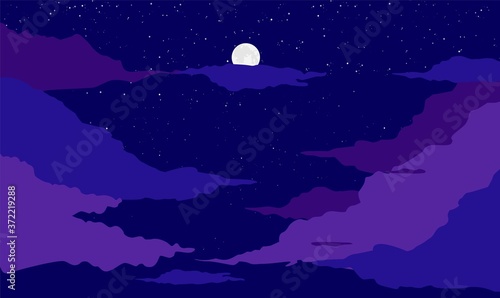Moon on night dark blue background. Bright space landscape with purple clouds galactic luminous infinity constellations and nebula in moon vector light beautiful astronomical space.