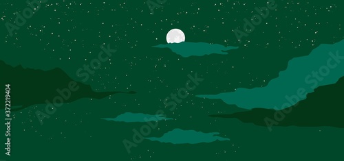 Moon on night green background. Northern lights bright space landscape with mystical clouds galactic luminous infinity constellations and nebula in moon vector light beautiful astronomical.