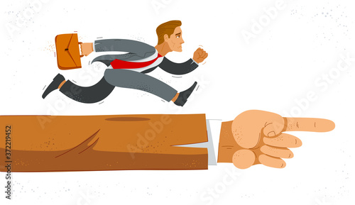 Business man run and hurry on pointing boss hand symbolizes career motivation vector illustration, funny comic cute cartoon worker or employee in a rush to success.