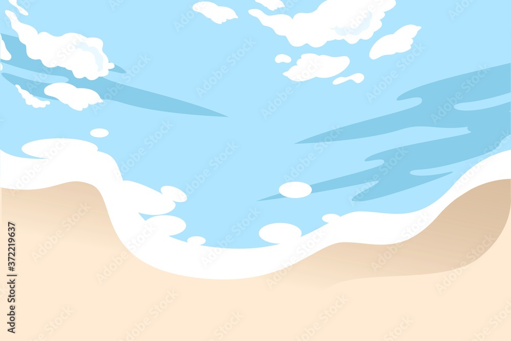Beach landscape. Tropical sandy scenery with ocean waves sunny relaxation on coast hot vacation on exotic flat coast beautiful blue and yellow vector tourism. Beach landscape. Tropical sandy scenery with ocean waves sunny relaxation on coast hot vacation on exotic flat coast beautiful blue and yellow vector tourism.