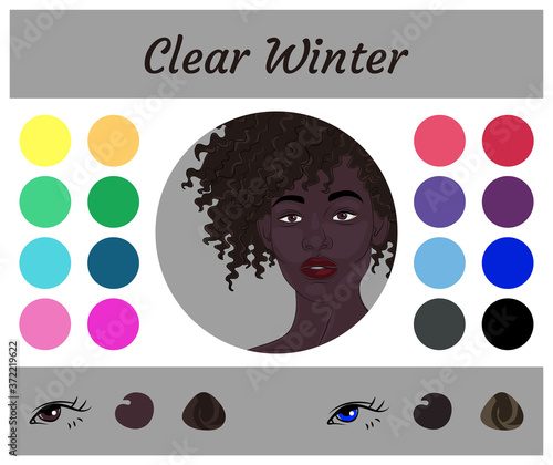 Stock vector seasonal color analysis palette for clear winter. Best colors for clear winter type of female appearance. Face of young african american woman