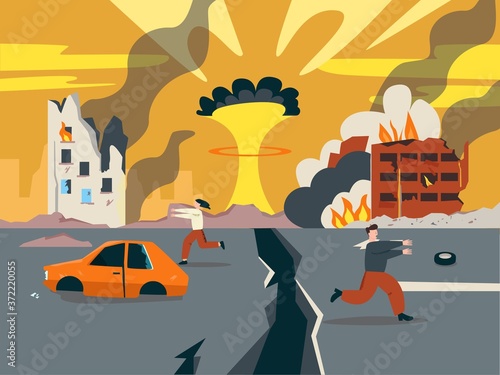 Doomsday in ruined city illustration. Last days of apocalypse nuclear explosion with split city road and people scattering in panic ruins of buildings and burning vector debris.