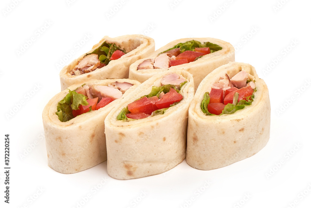 Chicken and vegetables wrapped in a tortilla, isolated on white background Chicken and vegetables wrapped in a tortilla, isolated on white background