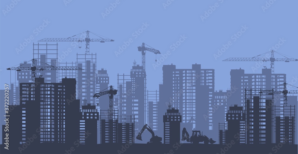 Construction and development of megalopolis silhouette. Building of business centers and residential skyscrapers in new city quarter high rise of vector houses under construction.