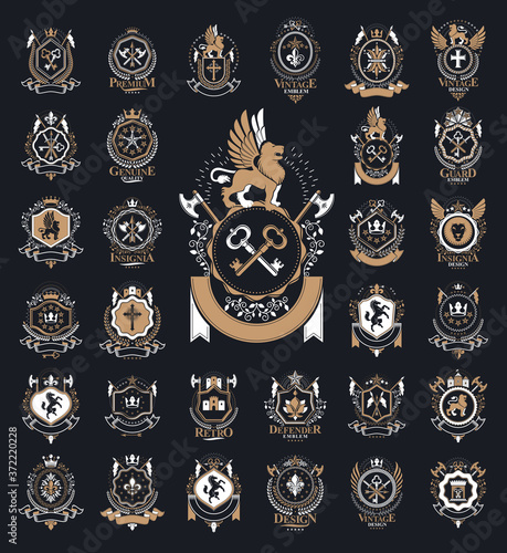 Classic style emblems big set, ancient heraldic symbols awards and labels collection, classical heraldry design elements, family or business emblems.