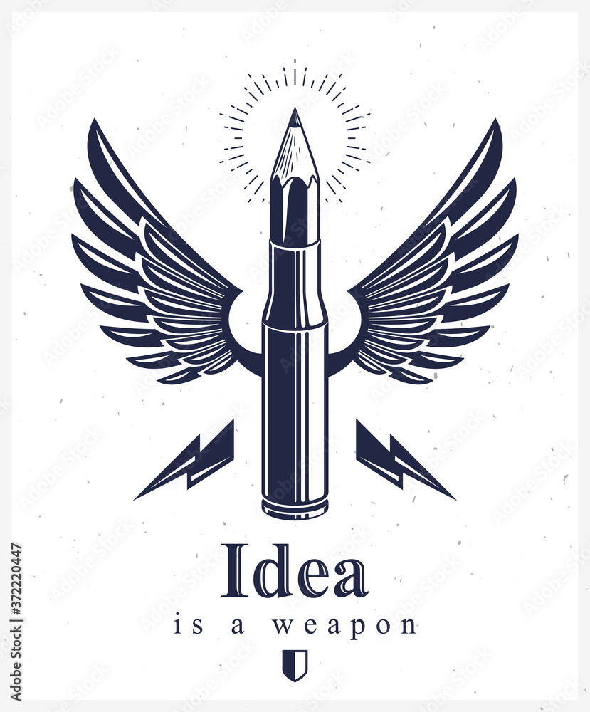 Idea is a weapon concept, weapon of a designer or artist allegory shown as a winged firearm cartridge case with pencil instead of bullet, creative power, vector logo or icon. Idea is a weapon concept, weapon of a designer or artist allegory shown as a winged firearm cartridge case with pencil instead of bullet, creative power, vector logo or icon.