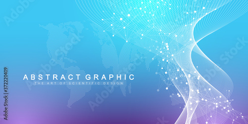 Big Genomic Data Visualization. DNA helix, DNA strand, DNA Test. CRISPR CAS9 - Genetic engineering. Molecule or atom, neurons. Abstract structure for Science or medical background, banner. Wave flow.