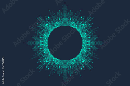 Quantum computer technology concept. Sphere explosion background. Deep learning artificial intelligence. Big data algorithms visualization. Waves flow. Quantum explosion, vector illustration.