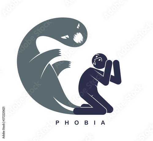 Psychical problems such as phobia psychosis schizophrenia hallucinations vector concept illustration in flat trendy style, psychiatry and psychology allegory, man with monster from his head.