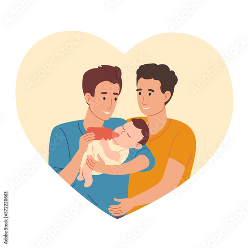 young gay dads together feed the baby from a baby bottle. The men hold the baby in their arms and give him milk. Vector illustration in a flat style on the background of the heart