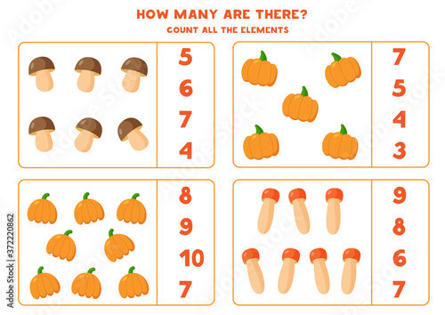 Count amount of all pumpkins and mushrooms.