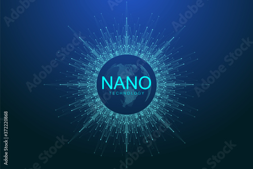 Nano technologies abstract background. Cyber technology concept. Artificial Intelligence, virtual reality, bionics, robotics, global network, microprocessor, nano robots. Vector illustration, banner.