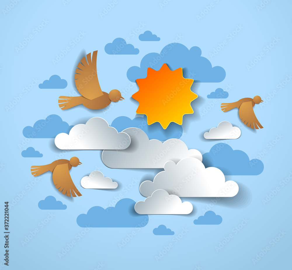 Birds flock flying among beautiful clouds and sun in the sky, summer ease and peaceful feeling, vector illustration in paper cut kids style. Birds flock flying among beautiful clouds and sun in the sky, summer ease and peaceful feeling, vector illustration in paper cut kids style.