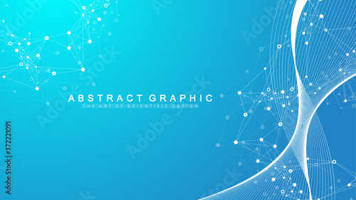 Big Genomic Data Visualization. DNA helix, DNA strand, DNA Test. CRISPR CAS9 - Genetic engineering. Molecule or atom, neurons. Abstract structure for Science or medical background, banner. Wave flow.