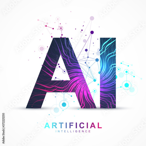 Artificial Intelligence and Machine Learning Vector Concept in Neural Network. AI Web Banner Design with Human Face. Wave Flow Communication. Digital Network for Artificial Intelligence Deep Learning.