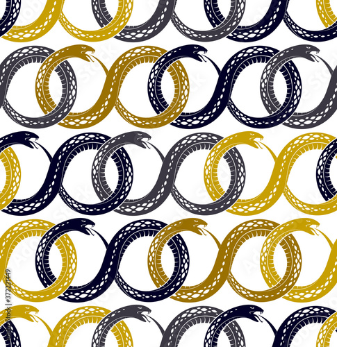 Seamless snakes pattern in vintage drawing style, dangerous poisoned reptiles vector background, endless tiling wallpaper, subculture rock n roll and hard rock theme.