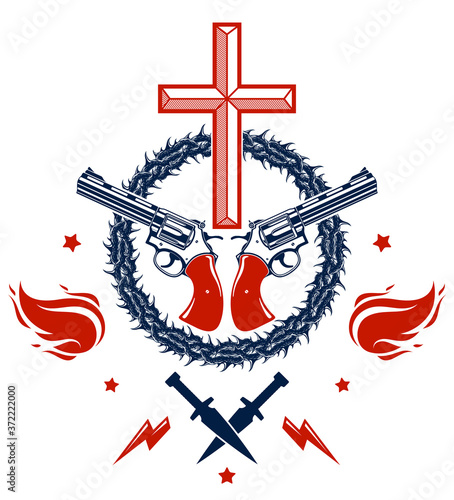 Criminal gangster dramatic emblem or logo with Christian Cross symbolizing death, weapons and different design elements, vector vintage style tattoo, rebel rioter partisan and revolutionary.