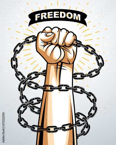 Strong hand clenched fist fighting for freedom against chain slavery theme illustration, vector logo or tattoo, getting free, struggle for liberty.