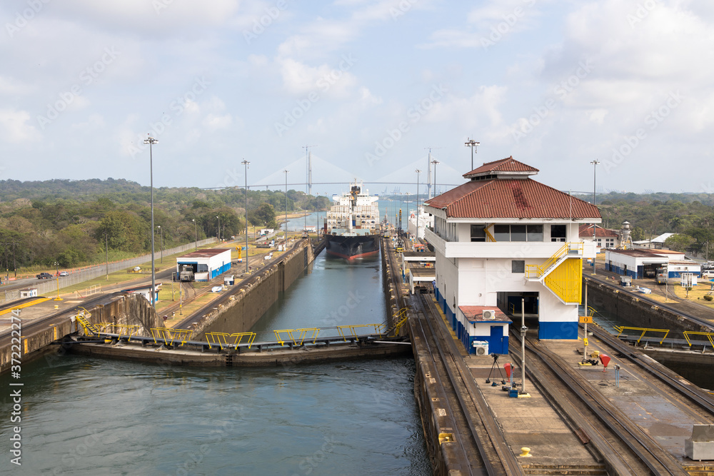 Views of the third of the Gatun Locks of the Panama Canal, Panama