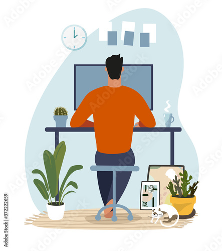 Modern concept illustration about home office, telecommuting, online education. A man sits and works at a computer in a cozy home interior. Flat vector illustration